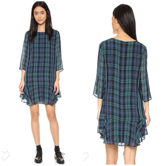Madewell Silk Size 10 Blue Green Tartan Plaid Ruffle Flounce Hem Sheer Sleeves - Picture 2 of 15